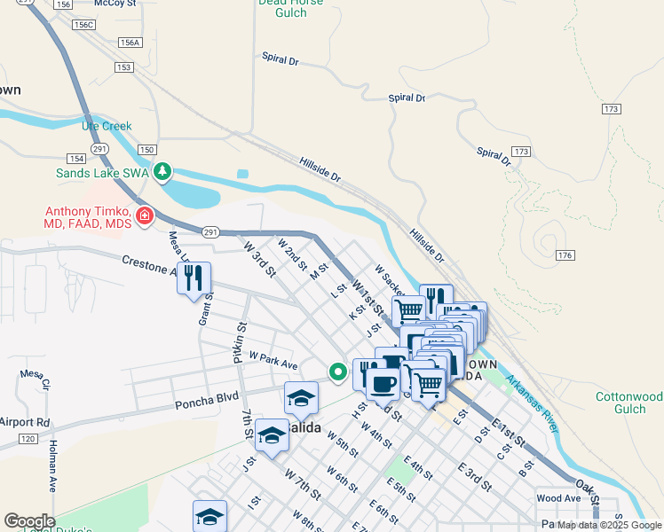 map of restaurants, bars, coffee shops, grocery stores, and more near 121 M Street in Salida