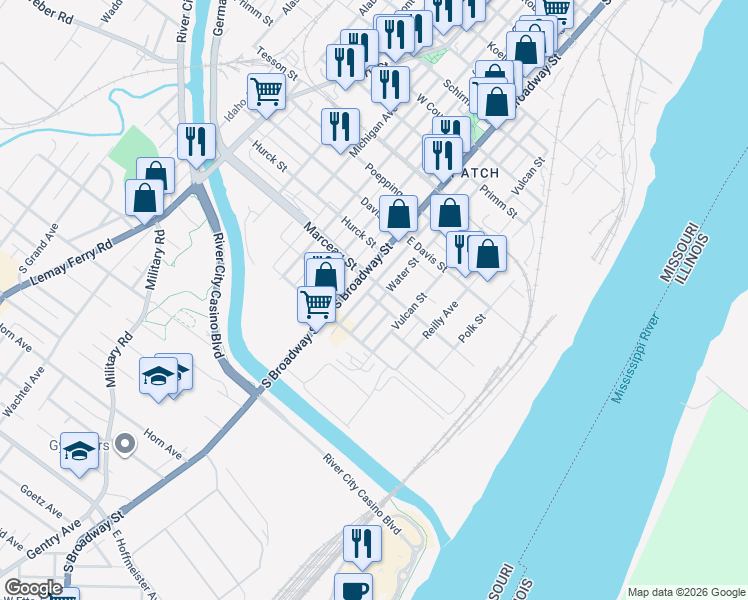 map of restaurants, bars, coffee shops, grocery stores, and more near 8415 Water Street in St. Louis