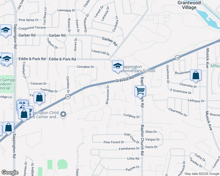 map of restaurants, bars, coffee shops, grocery stores, and more near 11038 Gravois Road in Sappington