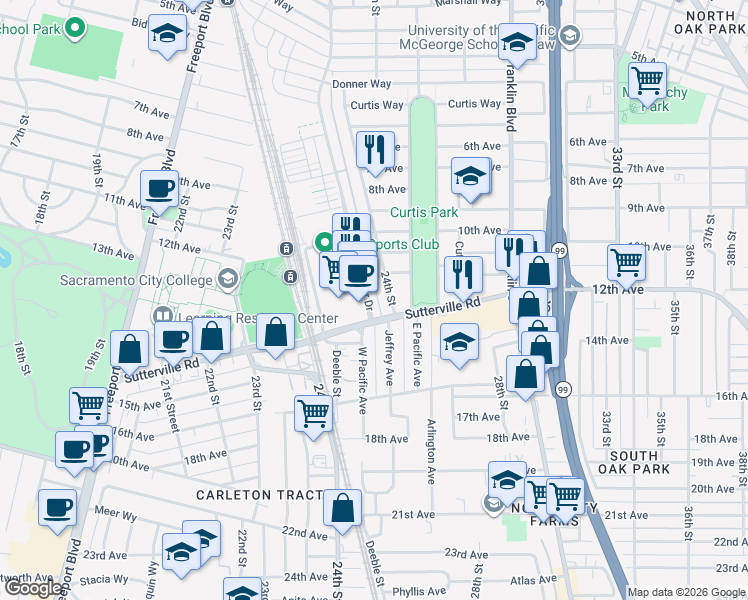 map of restaurants, bars, coffee shops, grocery stores, and more near 3669 Crocker Drive in Sacramento