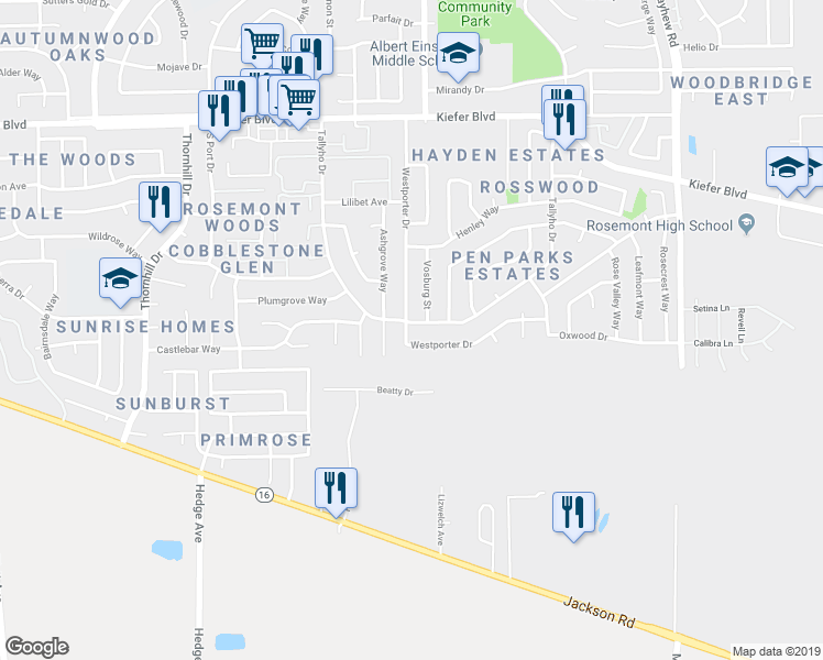 map of restaurants, bars, coffee shops, grocery stores, and more near 4200 Tallyho Drive in Sacramento