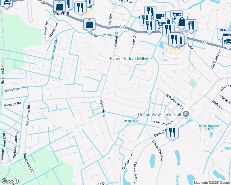 map of restaurants, bars, coffee shops, grocery stores, and more near 37002 Red Cedar Loop in Sussex County