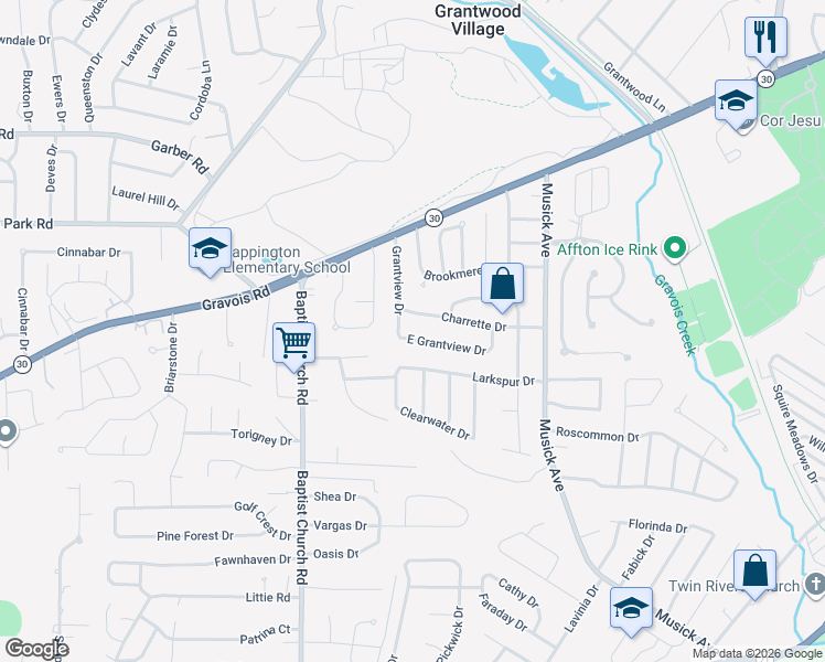 map of restaurants, bars, coffee shops, grocery stores, and more near 10735 E Grantview Dr in St Louis