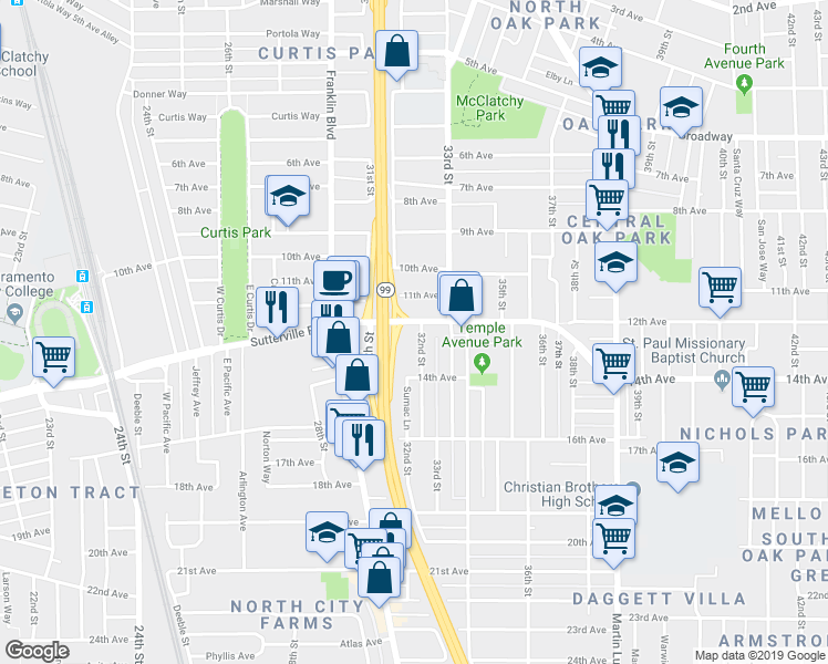 map of restaurants, bars, coffee shops, grocery stores, and more near 3700 32nd Street in Sacramento