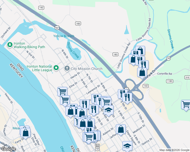 map of restaurants, bars, coffee shops, grocery stores, and more near 414 North 8th Street in Ironton