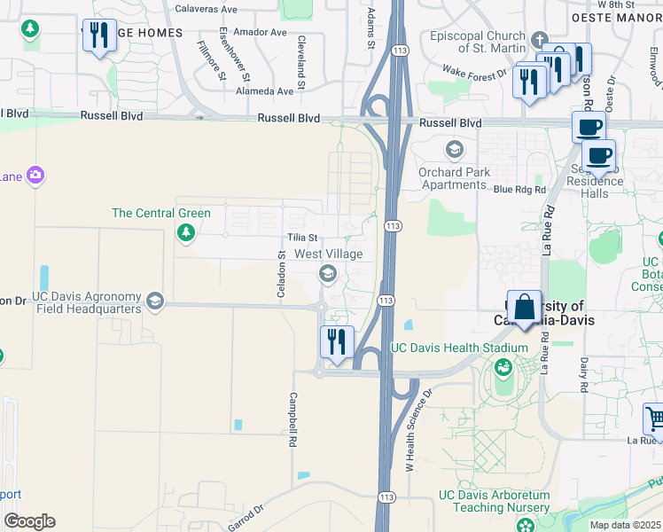 map of restaurants, bars, coffee shops, grocery stores, and more near 1580 Jade Street in Davis