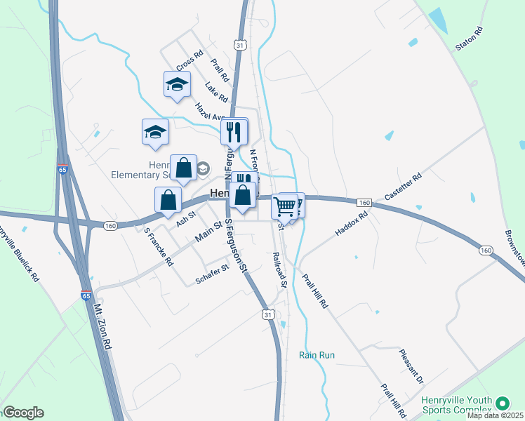 map of restaurants, bars, coffee shops, grocery stores, and more near 109 Railroad Street in Henryville