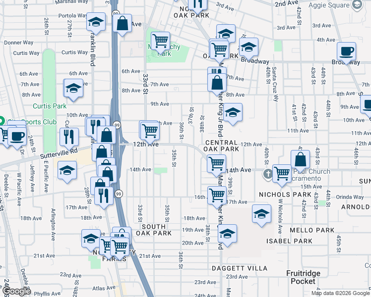map of restaurants, bars, coffee shops, grocery stores, and more near 3510 12th Avenue in Sacramento