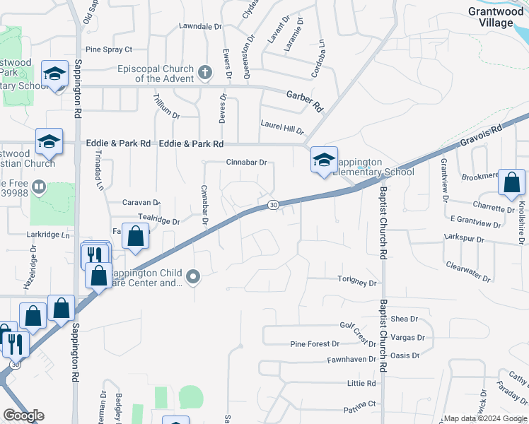 map of restaurants, bars, coffee shops, grocery stores, and more near 11148 Gravois Road in Sappington