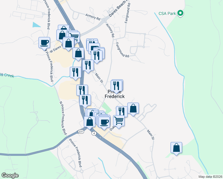 map of restaurants, bars, coffee shops, grocery stores, and more near 128 Main Street in Prince Frederick