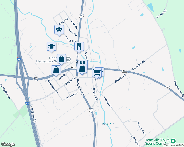 map of restaurants, bars, coffee shops, grocery stores, and more near 109 Railroad Street in Henryville