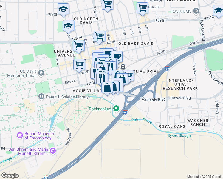 map of restaurants, bars, coffee shops, grocery stores, and more near 975 Olive Drive in Davis