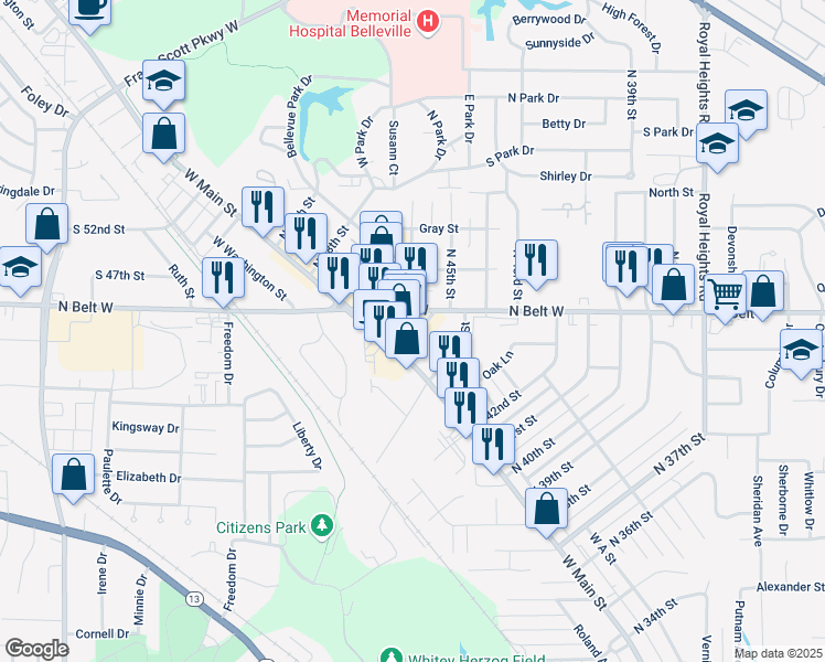 map of restaurants, bars, coffee shops, grocery stores, and more near 4517 North 45th Street in Belleville