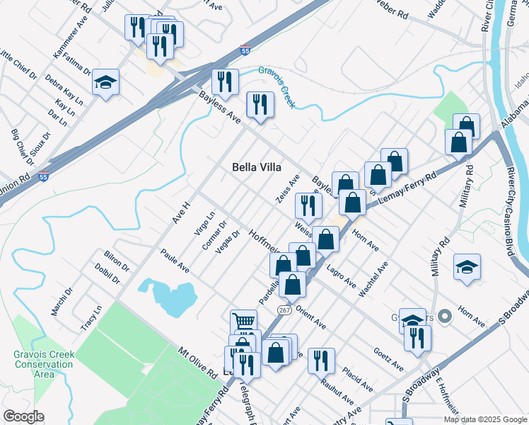 map of restaurants, bars, coffee shops, grocery stores, and more near 3808 Weiss Avenue in St. Louis