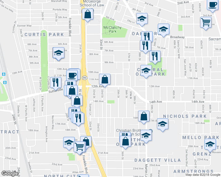 map of restaurants, bars, coffee shops, grocery stores, and more near 3424 12th Avenue in Sacramento