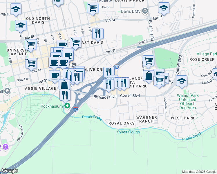 map of restaurants, bars, coffee shops, grocery stores, and more near 1665 West Chiles Road in Davis
