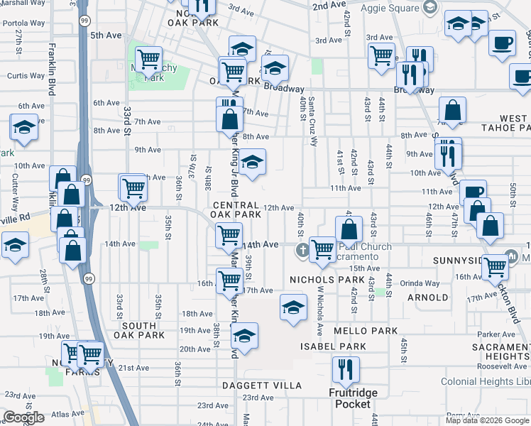 map of restaurants, bars, coffee shops, grocery stores, and more near 3938 12th Avenue in Sacramento