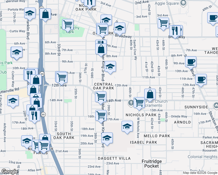 map of restaurants, bars, coffee shops, grocery stores, and more near 3896 12th Avenue in Sacramento