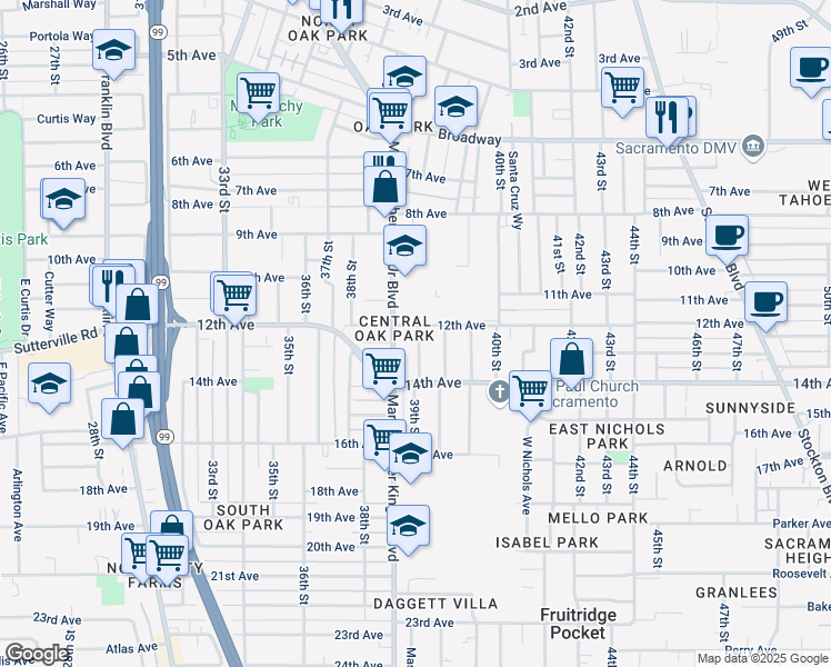 map of restaurants, bars, coffee shops, grocery stores, and more near 3896 12th Avenue in Sacramento