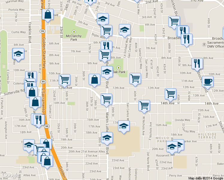 map of restaurants, bars, coffee shops, grocery stores, and more near 3892 12th Avenue in Sacramento