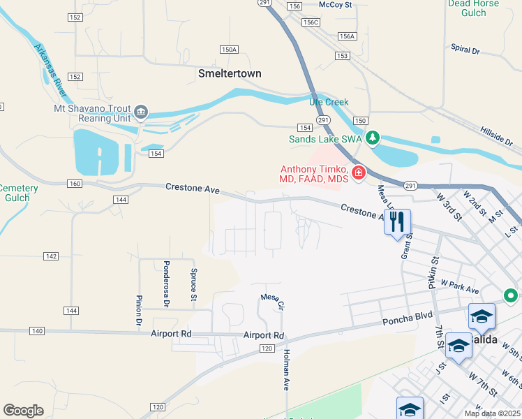 map of restaurants, bars, coffee shops, grocery stores, and more near 106 Cottonwood Circle in Salida