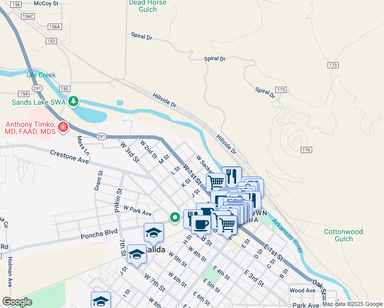 map of restaurants, bars, coffee shops, grocery stores, and more near 701 West Sackett Avenue in Salida