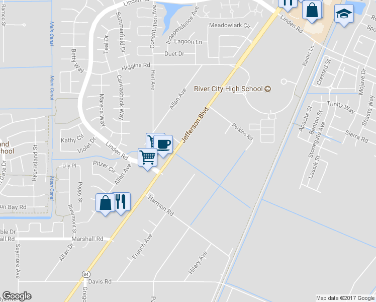 map of restaurants, bars, coffee shops, grocery stores, and more near 3095 Jefferson Boulevard in West Sacramento
