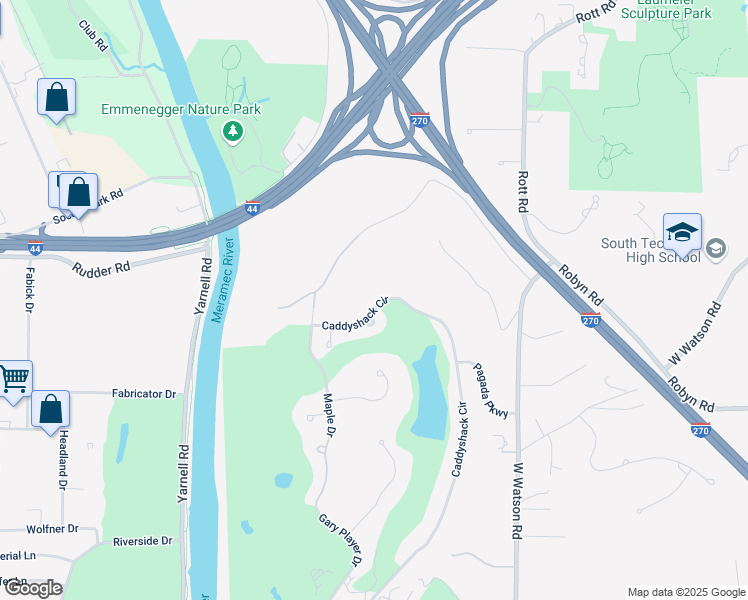 map of restaurants, bars, coffee shops, grocery stores, and more near 9236 Caddyshack Circle in St. Louis