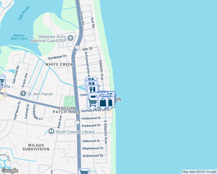 map of restaurants, bars, coffee shops, grocery stores, and more near 96 1st Street in Bethany Beach