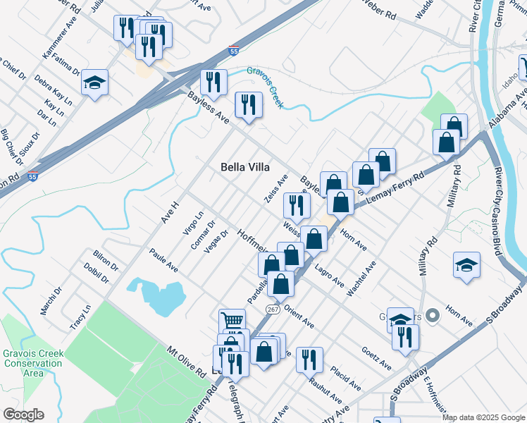 map of restaurants, bars, coffee shops, grocery stores, and more near 3808 Weiss Avenue in St. Louis
