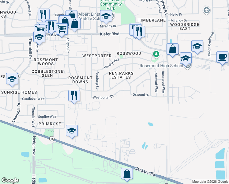 map of restaurants, bars, coffee shops, grocery stores, and more near 4201 Westporter Drive in Sacramento