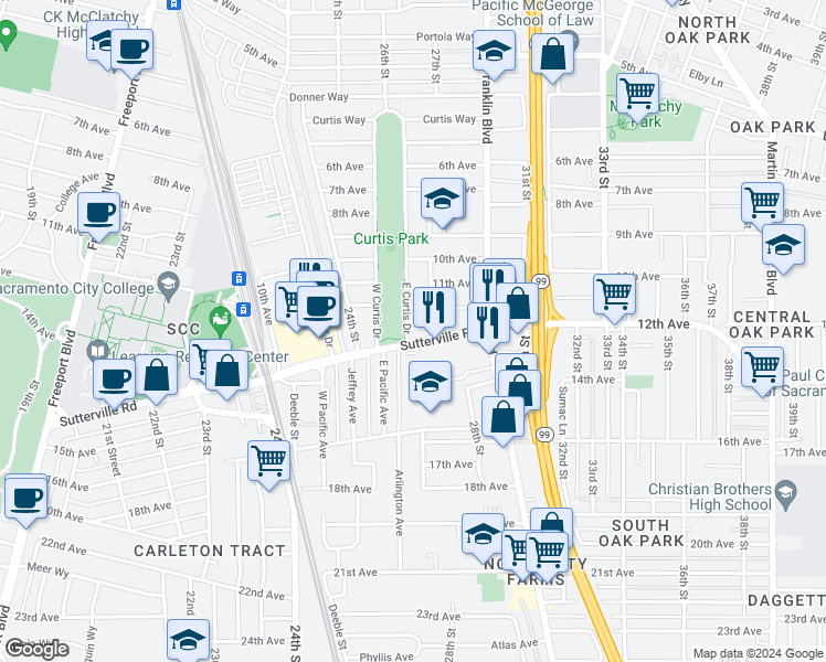 map of restaurants, bars, coffee shops, grocery stores, and more near 3681 East Curtis Drive in Sacramento