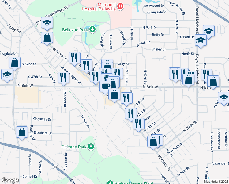 map of restaurants, bars, coffee shops, grocery stores, and more near 4517 North 45th Street in Belleville