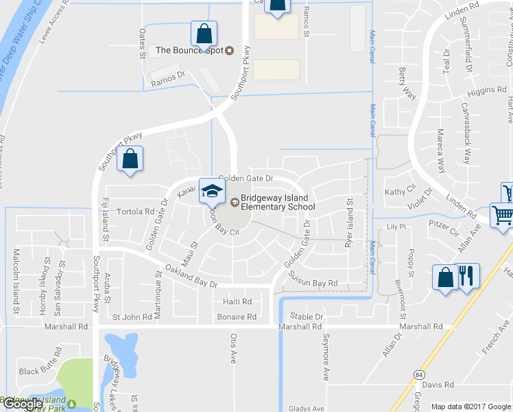 map of restaurants, bars, coffee shops, grocery stores, and more near 3055 Half Moon Bay Circle in West Sacramento