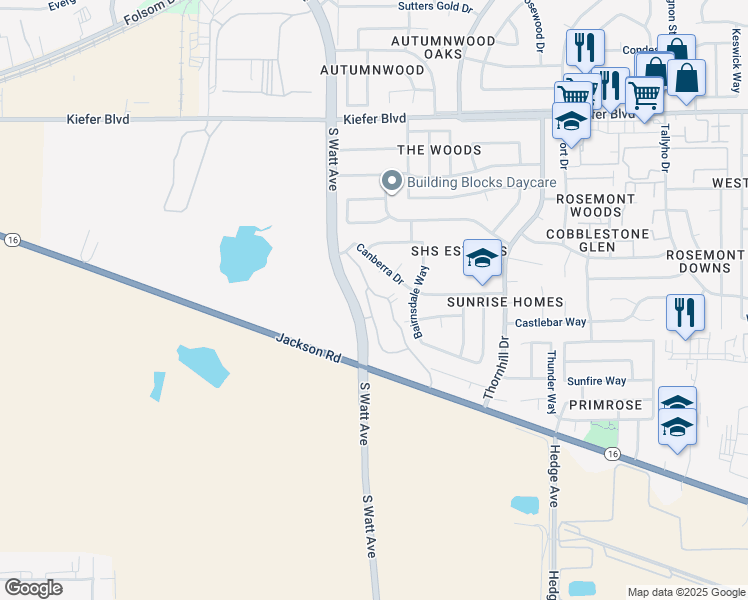 map of restaurants, bars, coffee shops, grocery stores, and more near 4087 South Watt Avenue in Sacramento