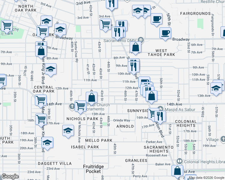 map of restaurants, bars, coffee shops, grocery stores, and more near 4408 12th Avenue in Sacramento