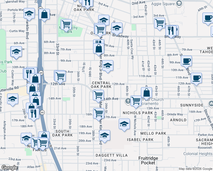 map of restaurants, bars, coffee shops, grocery stores, and more near 3892 12th Avenue in Sacramento