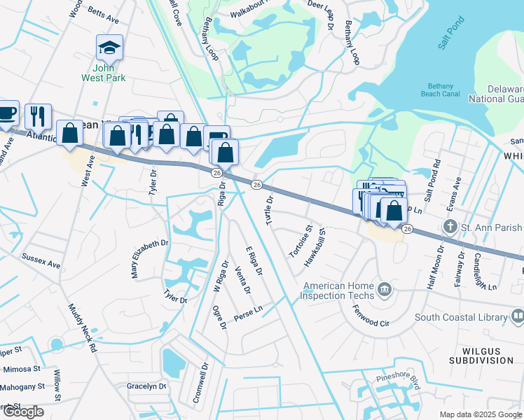 map of restaurants, bars, coffee shops, grocery stores, and more near 940 Turtle Drive in Bethany Beach