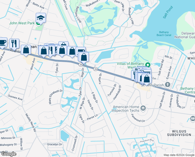 map of restaurants, bars, coffee shops, grocery stores, and more near 940 Turtle Drive in Bethany Beach