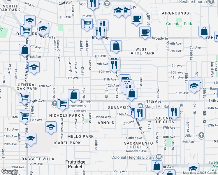 map of restaurants, bars, coffee shops, grocery stores, and more near 4640 12th Avenue in Sacramento