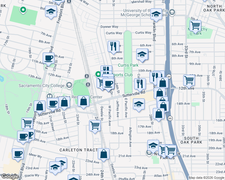 map of restaurants, bars, coffee shops, grocery stores, and more near 3669 Crocker Drive in Sacramento