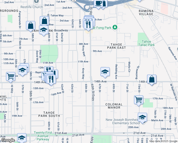 map of restaurants, bars, coffee shops, grocery stores, and more near 3828 65th Street in Sacramento