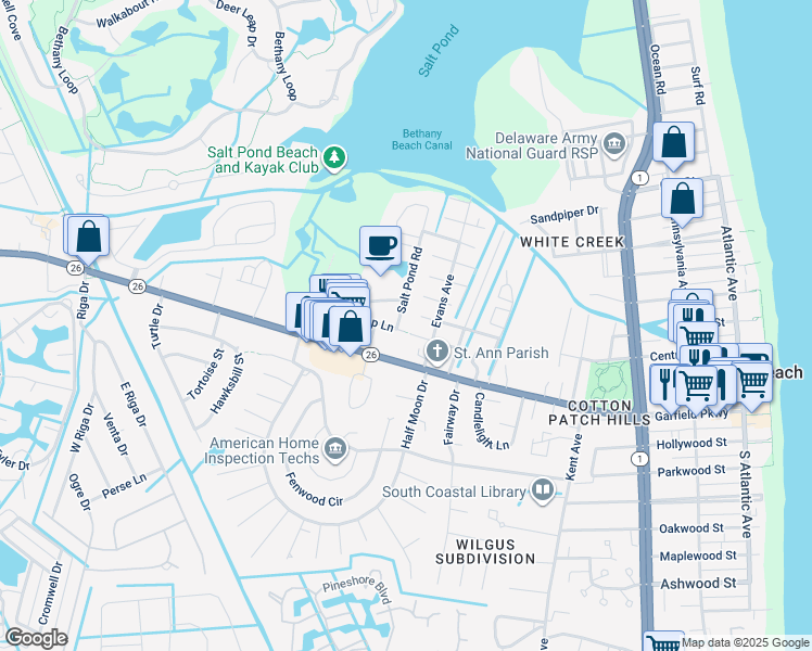 map of restaurants, bars, coffee shops, grocery stores, and more near 754 Salt Pond Road in Bethany Beach