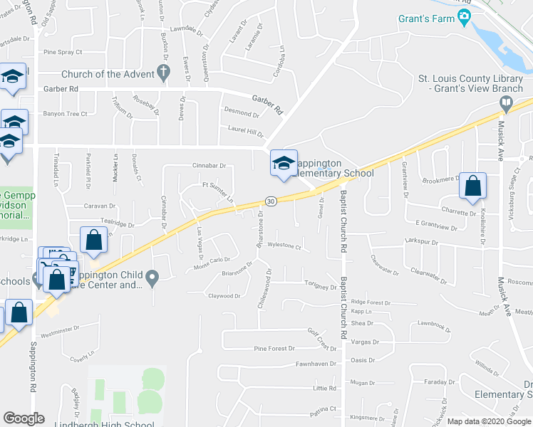 map of restaurants, bars, coffee shops, grocery stores, and more near 11038 Gravois Road in Sappington