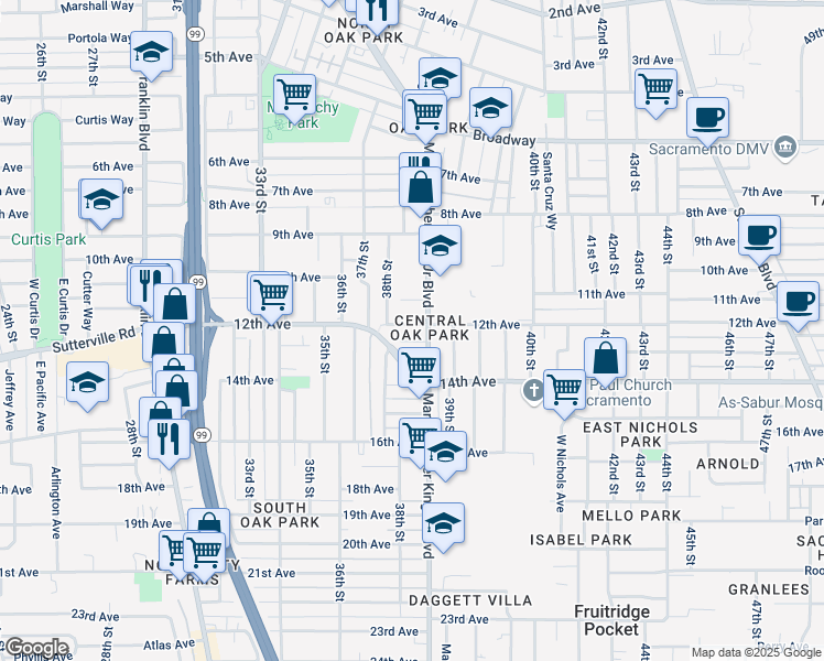 map of restaurants, bars, coffee shops, grocery stores, and more near 3840 12th Avenue in Sacramento