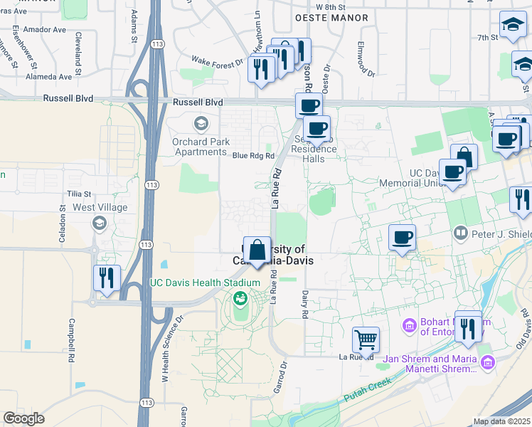 map of restaurants, bars, coffee shops, grocery stores, and more near 152 La Rue Road in Davis