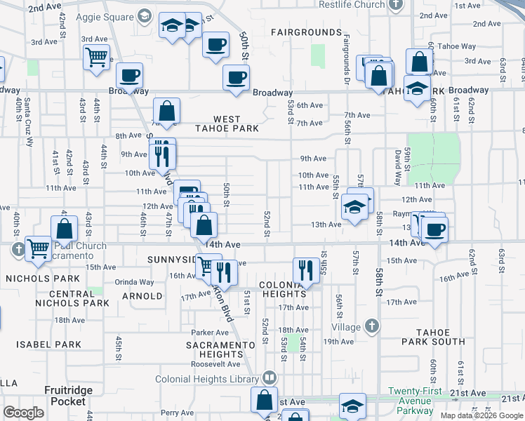 map of restaurants, bars, coffee shops, grocery stores, and more near 3632 52nd Street in Sacramento
