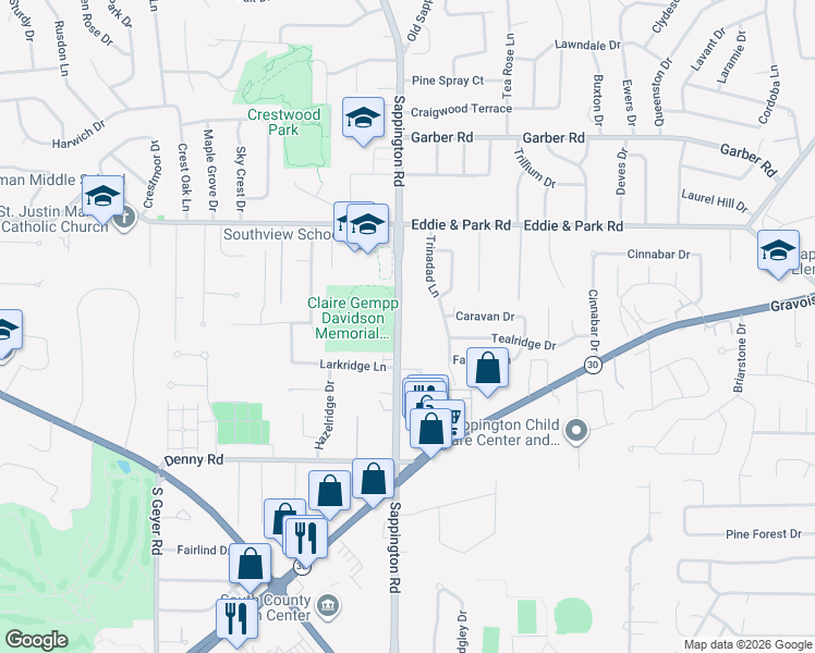 map of restaurants, bars, coffee shops, grocery stores, and more near 9226 Sappington Road in Sappington