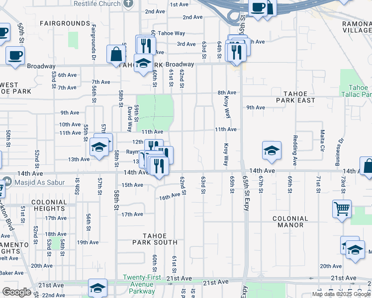 map of restaurants, bars, coffee shops, grocery stores, and more near 3725 62nd Street in Sacramento