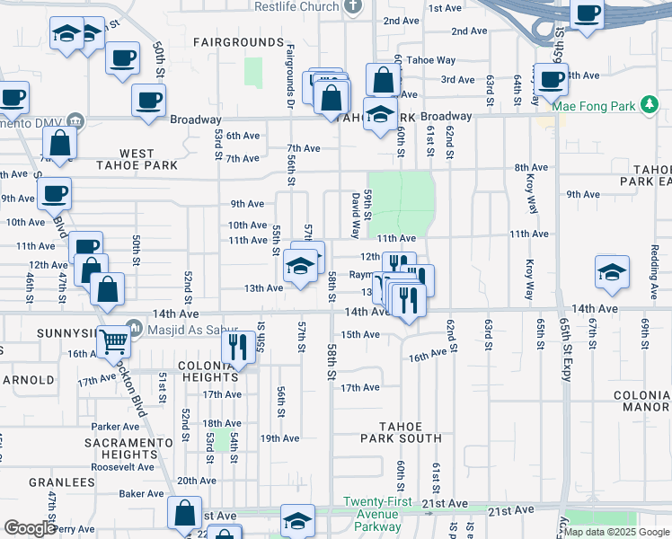 map of restaurants, bars, coffee shops, grocery stores, and more near 3731 58th St in Sacramento
